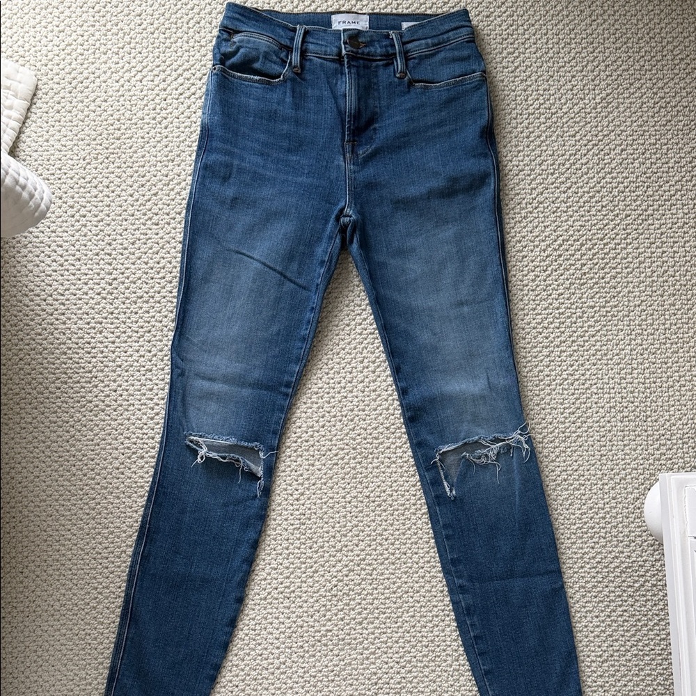Frame Denim Blue Distressed Skinny Jeans